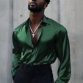 preiswerte Satinhemden für Herren-Herren Hemd Satinhemd Freizeithemd Knopfhemd Einfach Hochzeit Urlaub Schwarz Weiß Wein Blau Langarm Revers Frühling &amp; Herbst Bekleidung Knöpfe