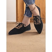 economico Scarpe oxford da donna-scarpe oxford in pelle scamosciata con pannello leopardato da donna – ballerine stringate con punta affilata per outfit casual ed eleganti