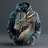 baratos moletons 3d masculinos-Homens Moletom Azul Com Capuz Dragão Impressão 3D Legal Outono Inverno Roupa Moletons Moletons