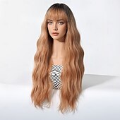 baratos Perucas Sintéticas sem Touca-Perucas sintéticas Uniformes Trajes de carreira Princesa Encaracolado Ondulado Parte do meio Corte em Camadas Com Franjas Fabrico à Máquina Peruca 30 polegadas Castanho Escuro Cabelo Sintético