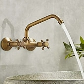 voordelige Badkamer wastafelkranen-wastafelmengkraan wandmontage inbouw wastafelkraan geborsteld retro messing antiek kraan goud wijdverspreid wandmontage