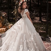 preiswerte Kleider für die Blumenmädchen-kinderkleidung Mädchen Blumenmädchen Kleid Kleid für die Erstkommunion Feste Farbe Ärmellos Langarm Leistung Hochzeit Party Gitter Prinzessin Süß Gitter Mitte der Wade Etuikleid Tüll-Kleid Sommer
