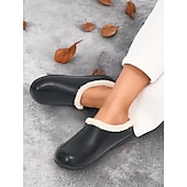 economico Zoccoli e pianelle da donna-Zoccoli invernali da donna in similpelle nera foderati in pile – comode scarpe da casa e da esterno slip-on per il comfort nelle giornate fredde