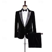 abordables Dîner de fête-Costumes de soirée en velours pour hommes noir mode de Noël patchwork coupe standard 2 pièces à simple boutonnage