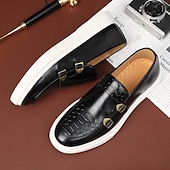 economico Casuale-mocassini da uomo in similpelle marrone con cinturini a doppia fibbia, motivo coccodrillo e suola bianca: eleganti scarpe casual eleganti per l&#039;ufficio o le occasioni formali