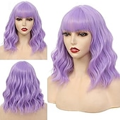economico Parrucche trendy sintetiche-parrucche corte ondulate con frangia per donne parrucche caschetto riccio parrucche lunghe fino alle spalle per donne bianche parrucche con frangia in fibra sintetica resistente al calore parrucche di