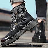 abordables Botas de combate-Botas de combate de piel sintética patentada para hombre: diseño con cordones de estilo militar con detalles de camuflaje, suela resistente para uso al aire libre y casual
