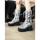 baratos Botas com salto-botas plataforma femininas com cadarço e lantejoulas – botas de salto grosso verde e azul brilhantes para festas, festivais e cosplay