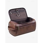cheap Cosmetic Bags &amp; Cases-Women&#039;s Faux Leather Hanging Toiletry Bag – Travel Dopp Kit with Hook, Multiple Compartments, and Zipper Closure, Available in Brown, Black, and Tan, Perfect for Organizing Grooming Essentials