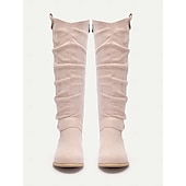 levne Slouch Boots-dámské semišové vysoké boty ke kolenům s přezkou - ležérní plochý podpatek pro každodenní i podzimní módu