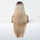 baratos Perucas Sintéticas sem Touca-Perucas sintéticas Uniformes Trajes de carreira Princesa Liso Kinky Liso Parte do meio Corte em Camadas Com Franjas Fabrico à Máquina Peruca 28 polegadas Castanho Claro Cabelo Sintético Mulheres