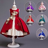 preiswerte Kleider für die Blumenmädchen-Blumenmädchenkleid Kinder Mädchen Prinzessinenkleid Leistung Hochzeit Party Elegant Schön Patchwork Blumen Ärmellos Rundhalsausschnitt Weinrot Rosa 4 Jahre +
