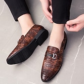 cheap Semi-Formal-Men&#039;s Red Crocodile-Embossed Faux Leather Loafers – Luxury Slip-On Shoes with Sleek Metal Buckle Accent for Formal and Business Wear