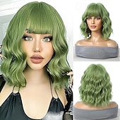 cheap Synthetic Trendy Wigs-Short Wig Shoulder Length Bob Curly Wavy Wig With Bangs for Women Charming Heat-resistant Synthetic Hair Wigs for Date Daily Use