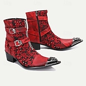 cheap Premium Leather Boots-Men&#039;s Red &amp; Black Gothic Leather Ankle Boots with Skull Buckles, Studded Accents, and Embroidered Floral Design – Premium Cowhide Punk Rock Footwear