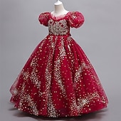 billige Blomsterkjoler-Blomsterpikekjole Barn Jente Prinsesse kjole Ytelse Bryllup Fest Elegant Vakker Paljetter Netting Helfarge Kortermet V-hals Hvit Rød 4 år +