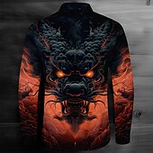 お買い得  メンズプリントシャツ-男性用 ドラゴン ボタンアップシャツ 長袖 ファッションカジュアル 暗い パーティーイブニングウェア ストリート 日常 秋 冬 春夏 シャツカラー ボタンアップ 3Dプリント ブラック