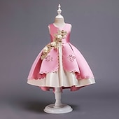 preiswerte Kleider für die Blumenmädchen-Blumenmädchenkleid Kinder Mädchen Prinzessinenkleid Leistung Hochzeit Party Elegant Schön Patchwork Blumen Ärmellos Rundhalsausschnitt Weinrot Rosa 4 Jahre +