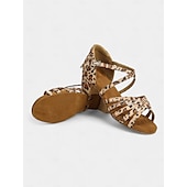 abordables Chaussures de danses latines-sandales de danse latine à imprimé léopard avec semelle en daim souple pour femmes – talons ouverts à lanières avec boucle réglable, idéales pour la salsa, le tango et la danse de salon