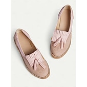 cheap 1950s-Women&#039;s Pink Tassel Loafers with Brogue Detailing and Chunky Sole – Vintage-Style Casual Shoes for Everyday Wear