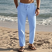 cheap Holiday-Men&#039;s Linen Pants Trousers Summer Pants Beach Pants Drawstring Elastic Waist Straight Leg Plain Comfort Breathable Full Length Daily Holiday Beach Vacation Fashion Black White