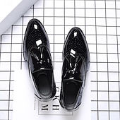 levne Poloformální-pánské černé lakované střapcové mokasíny – elegantní společenské boty s brogue detaily