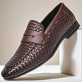 voordelige Semi-formeel-Bruine imitatieleren penny loafers voor heren met geweven bovenkant en rubberen zool - comfortabel en stijlvol voor zakelijke casual of smart casual outfits