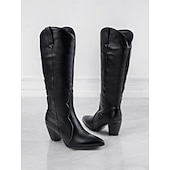 cheap Cowboy &amp; Western Boots-Black Faux Leather Knee-High Western Boots with Pointed Toe and Block Heels – Chic Cowgirl Style for Women
