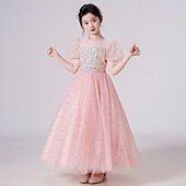 voordelige Bloemenjurken-Bloemenmeisjesjurk kinderen Voor meisjes Prinses jurk Prestatie Bruiloft Feest Elegant Mooi Netstof Effen Kleur Korte mouw Strakke ronde hals Wit Blozend Roze 4 jaar +