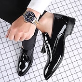 levne Poloformální-pánské černé lakované střapcové mokasíny – elegantní společenské boty s brogue detaily