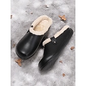 economico Zoccoli e pianelle da donna-Zoccoli invernali da donna in similpelle nera foderati in pile – comode scarpe da casa e da esterno slip-on per il comfort nelle giornate fredde