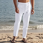cheap Holiday-Men&#039;s Linen Pants Trousers Summer Pants Beach Pants Drawstring Elastic Waist Straight Leg Plain Comfort Breathable Full Length Daily Holiday Beach Vacation Fashion Black White