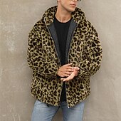 preiswerte Herrenjacken &amp; Herrenmäntel-Herren Winterjacke Fleecejacke Mantel aus Kunstpelz Täglich Urlaub warm Tasche Vlies Herbst Winter Leopard-Druck Modisch Strassenmode Mit Kapuze Standard Gelb Blau Grün Jacken