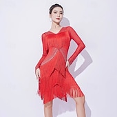 cheap Competition Dress-Latin Salsa Dance Dress Rhinestone Tassel Splicing Women's Performance Training Long Sleeve Mesh Milk Fiber