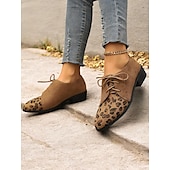 abordables années 1930-chaussures oxford en faux suède marron à imprimé léopard - chaussures plates à lacets élégantes pour femmes, parfaites pour les looks décontractés et vintage