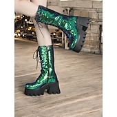 baratos Botas com salto-botas plataforma femininas com cadarço e lantejoulas – botas de salto grosso verde e azul brilhantes para festas, festivais e cosplay