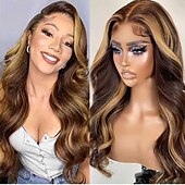 voordelige Pruiken van echt haar, met kanten voorzijde-Echt haar 4x13 Sluiting Pruik Gratis deel Braziliaans haar Body Golf Lichtbruin Meerkleurig Pruik 150% Haardichtheid met babyhaar lijmloze Pre-geplukt Voor pruiken voor zwarte vrouwen Lang Kanten