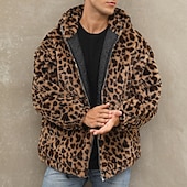 preiswerte Herrenjacken &amp; Herrenmäntel-Herren Winterjacke Fleecejacke Mantel aus Kunstpelz Täglich Urlaub warm Tasche Vlies Herbst Winter Leopard-Druck Modisch Strassenmode Mit Kapuze Standard Gelb Blau Grün Jacken