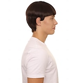 abordables Pelucas hombre-Peluca de corte de tazón retro de Halloween de 9 pulgadas para hombres adultos, colores marrones, cabello sintético suave para festivales, fiestas de anime, fibra sintética ignífuga