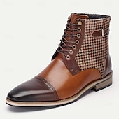 cheap Premium Leather Boots-Men&#039;s Premium Cowhide Leather Ankle Boots – Vintage Houndstooth Pattern with Buckle Detail, Stylish Dress Boots for Formal and Casual Wear