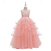abordables Robes à Fleurs pour Filles-Robe de Demoiselle d&#039;Honneur Fille enfants Fille Robe de princesse Utilisation Mariage Soirée Elégant Magnifique Maille Couleur unie Sans Manches Col Ras du Cou Blanche Rose Claire 4 ans et +