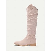 levne Slouch Boots-dámské semišové vysoké boty ke kolenům s přezkou - ležérní plochý podpatek pro každodenní i podzimní módu