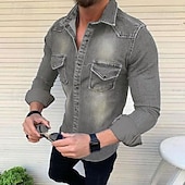 abordables camisas de mezclilla de los hombres-Hombre Camisa vaquera Color sólido Diario Viaje Azul Piscina Negro Azul claro Manga Larga Cuello Primavera &amp; Otoño Ropa Abotonar