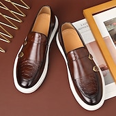 economico Casuale-mocassini da uomo in similpelle marrone con cinturini a doppia fibbia, motivo coccodrillo e suola bianca: eleganti scarpe casual eleganti per l&#039;ufficio o le occasioni formali