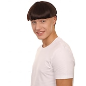 abordables Pelucas hombre-Peluca de corte de tazón retro de Halloween de 9 pulgadas para hombres adultos, colores marrones, cabello sintético suave para festivales, fiestas de anime, fibra sintética ignífuga