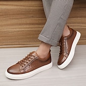 economico Sneakers da uomo-sneakers da uomo in similpelle intrecciata marrone - design casual con lacci e comoda suola bianca per l&#039;uso quotidiano