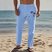 baratos Feriado-Homens Calças de linho Calças Calça verão Calças de praia Com Cordão Cintura elástica Perna reta Coqueiro Conforto Respirável Comprimento total Diário Feriado Praia Férias Moda Preto Branco