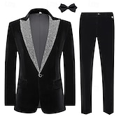 abordables Dîner de fête-Costumes de soirée en velours pour hommes noir mode de Noël patchwork coupe standard 2 pièces à simple boutonnage