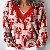cheap Graphic Patterns &amp; Details-Women&#039;s Blouse Color Block Print Casual Long Sleeve V Neck Regular Tops Daily Print Red Blue Green Light Blue Winter