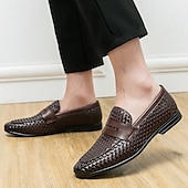 voordelige Semi-formeel-Bruine imitatieleren penny loafers voor heren met geweven bovenkant en rubberen zool - comfortabel en stijlvol voor zakelijke casual of smart casual outfits